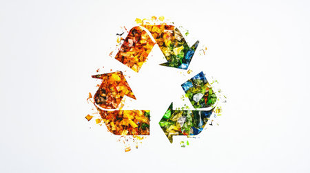 A dynamic image of the recycle symbol highlighted on a solid white background, conveying the urgency of recycling efforts while providing space for captions or branding. -の素材