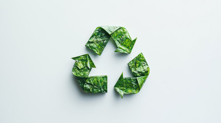 A dynamic composition of the recycle symbol on a white backdrop, showcasing its significance in the conversation about sustainability and eco-friendly practices.の素材