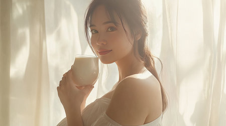 A gentle close-up of a beautiful Asian pregnant woman enjoying milk, with warm morning light casting a glow through white curtains, symbolizing care for herself and her baby.の素材