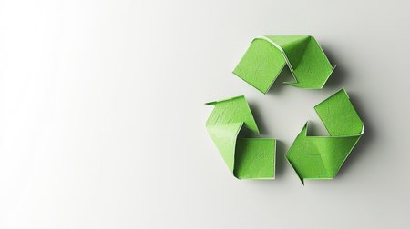 A minimalist design featuring the iconic recycle symbol in bright green on a solid white background, perfect for conveying messages about sustainability and recyclingの素材