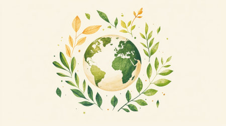 A minimalist design showcasing a globe drawing surrounded by various green leaves, promoting the idea of environmental sustainability and investment in our planet's future.の素材
