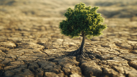 A powerful representation of a lush 3D tree surrounded by drought-affected land, conveying the urgent need for land restoration and sustainable practices.の素材