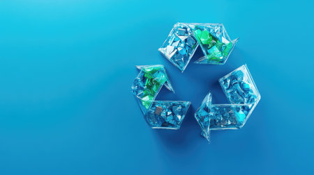A modern take on recycling with a hologram of the green symbol against a blue background, showcasing the need for innovative garbage disposal solutions for a cleaner planet.の素材