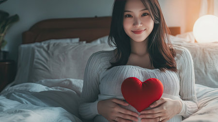 A serene image of a pregnant Asian woman on her bed, holding a vibrant red heart icon, looking directly at the camera with a smile, symbolizing the bond with her baby in a nurturing home.の素材