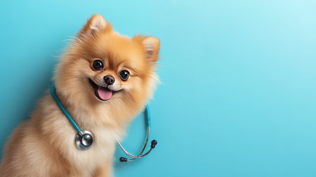 A playful shot of a Pomeranian with a stethoscope, tilting its head adorably on a blue background, ideal for highlighting the bond between pets and veterinarians.の素材