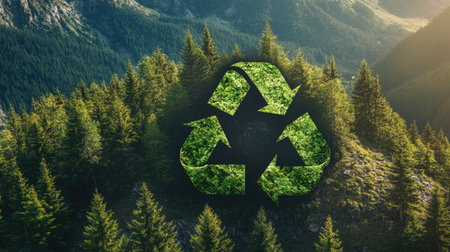 A striking recycle symbol overlaying a breathtaking view of green pine trees on a mountainside, symbolizing the connection between nature conservation and recycling efforts.の素材