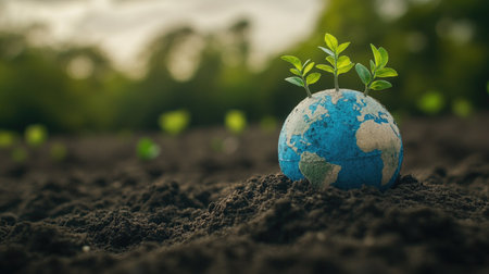 A serene image of a physical globe resting on fertile soil, with tiny trees emerging from around it, symbolizing the nurturing of our planet through tree planting initiatives.の素材