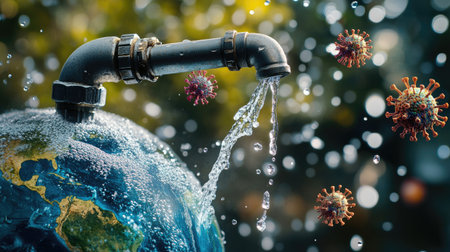 A striking image featuring a globe with a water tap pouring droplets, while coronavirus particles descend, emphasizing the urgency of health and hygiene in a global context.の素材