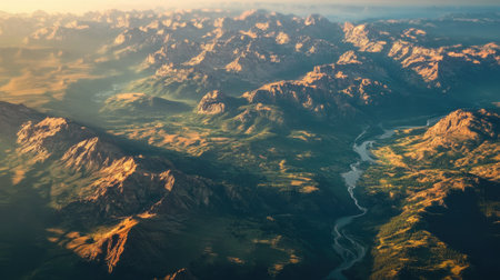 A stunning aerial view of Earth showcasing diverse landscapes, including mountains, forests, rivers, and deserts, highlighting the beauty of nature elements.の素材