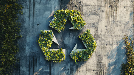 A striking recycle symbol surrounded by greenery on an urban wall, illustrating the message of recycling and environmental responsibility in city environmentsの素材
