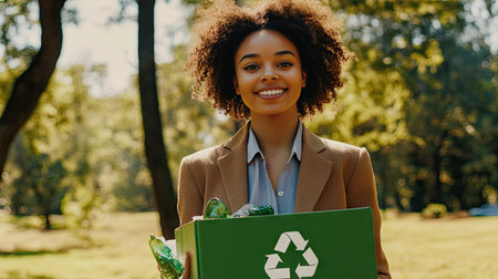 A serene park background featuring a businesswoman with a green box of recyclable materials, advocating for plastic-free packaging and the importance of protecting our planet.の素材