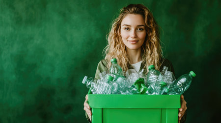 A powerful image of a businesswoman confidently presenting a collection of recyclable plastics in a green box, reinforcing the message of sustainability and ecological responsibility.の素材