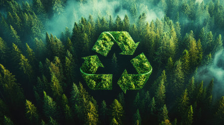 A vibrant green recycle symbol integrated into a stunning view of a pine forest on a mountainside, showcasing the harmony between environmental awareness and natural beauty.の素材