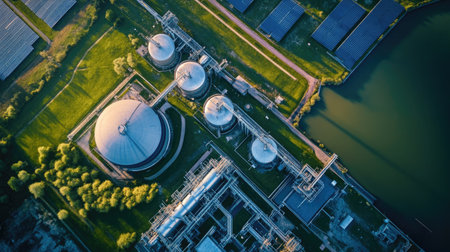 Aerial view of a hydrogen production plant surrounded by renewable energy sources, representing the clean hydrogen energy concept for a sustainable future. Copy space included.の素材