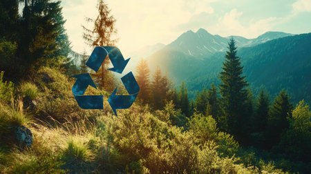 A vibrant recycle symbol integrated into a picturesque view of a pine forest on a mountainside, illustrating the harmony between recycling and nature. Copy space available. -の素材