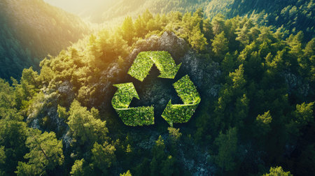 A vibrant green recycle symbol integrated into a stunning view of a pine forest on a mountainside, showcasing the harmony between environmental awareness and natural beauty.の素材