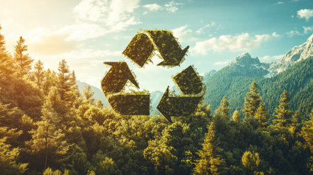 A vibrant recycle symbol integrated into a picturesque view of a pine forest on a mountainside, illustrating the harmony between recycling and nature. Copy space available. -の素材
