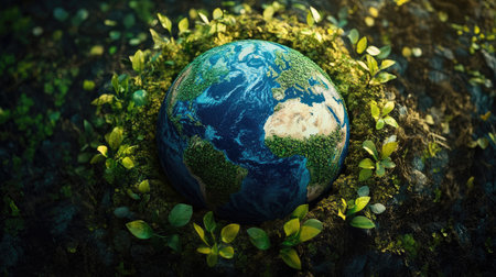 A vibrant image of a globe covered in lush greenery, with tree saplings placed around it, promoting the message of ecological awareness and the need for sustainable practices.の素材