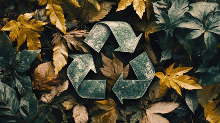 A vibrant green recycling symbol with natural leaves framing it, against a neutral backdrop, allowing for customization and emphasizing the importance of recycling.の素材
