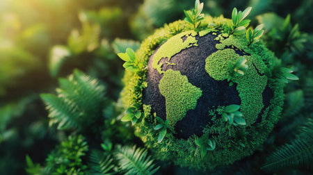 A vibrant image of a globe covered in lush greenery, with tree saplings placed around it, promoting the message of ecological awareness and the need for sustainable practices.の素材