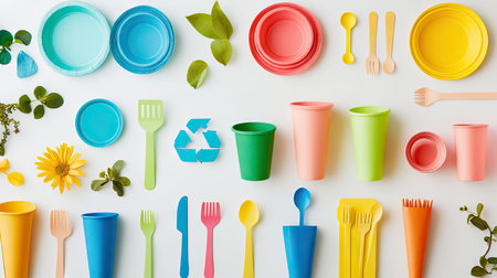 A vibrant display of eco-friendly paper tableware and biodegradable packaging arranged on a white background, featuring recycling symbols to promote sustainability. Space for text.の素材