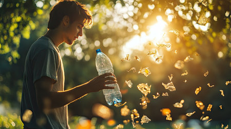 A visually striking image of a man taking action against pollution by recycling a plastic bottle in a park, emphasizing the importance of sustainability and ecological responsibility.の素材