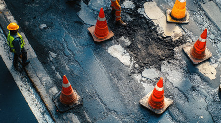 A vibrant image of traffic cones placed strategically around a pothole patching site, with construction workers in action, representing the efforts to keep urban roads safe and functional.の素材