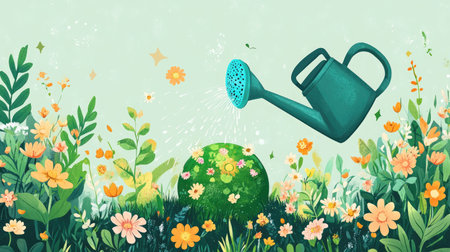 A whimsical illustration of a watering can watering a small green Earth surrounded by flowers and plants, emphasizing the theme of nurturing nature and ecological awareness.の素材