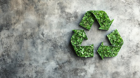 A vibrant green recycle symbol with three arrows set against a neutral background, symbolizing sustainability and environmental responsibility, with ample copy space for customization.の素材