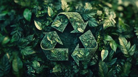 An artistic interpretation of a green recycling sign with leafy embellishments, emphasizing the connection between recycling and maintaining a healthy environment.の素材
