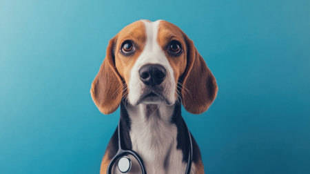 A whimsical image of a beagle with a stethoscope, tilting its head in curiosity on a blue background, perfect for animal health campaigns and veterinary promotions.の素材