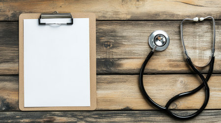 A warm and professional image featuring a stethoscope next to a clipboard with an empty white sheet, set against a bright wood table, symbolizing care and health documentationの素材