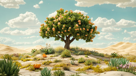 A whimsical illustration of a 3D tree surrounded by thriving plants on restored land, set against a backdrop of desertification, emphasizing the need for ecological balanceの素材