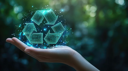 An artistic depiction of a hand cradling a wireframe recycle icon, illustrating the balance between human actions and environmental stewardship in the reuse, reduce, recycle concept.の素材