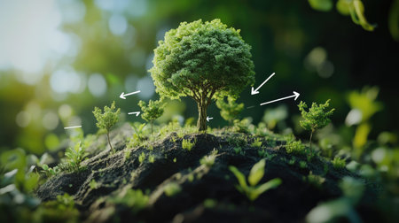 An educational illustration of a globe highlighting areas for tree cultivation, with arrows pointing to regions where reforestation efforts can make a significant impact.の素材