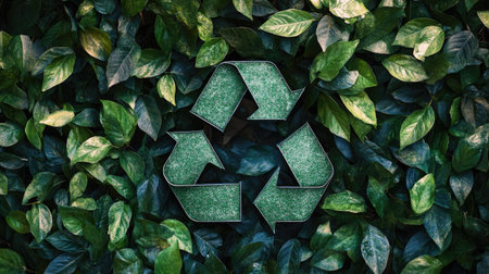 An artistic interpretation of a green recycling sign with leafy embellishments, emphasizing the connection between recycling and maintaining a healthy environment.の素材