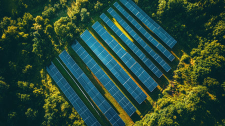 Aerial view of a solar farm with a clear blue sky, symbolizing renewable energy solutions for a sustainable future in celebration of Earth Day. Room for captionsの素材