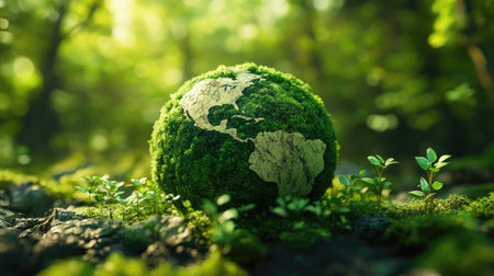 An artistic representation of a globe depicting rich green forests, with small saplings growing around it, emphasizing the connection between tree cultivation and environmental healthの素材