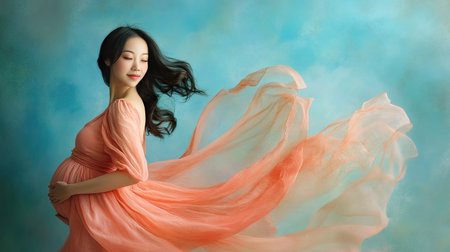 A warm and inviting portrait of a pregnant Asian woman in a flowing dress, set against a soothing blue backdrop, symbolizing joy and anticipation in motherhood.の素材