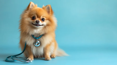 An adorable Pomeranian wearing a stethoscope around its neck, sitting on a blue studio backdrop, symbolizing the playful side of veterinary care for pets.の素材