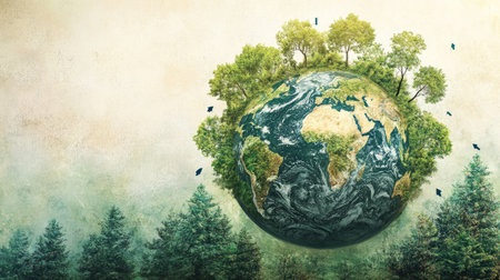 An educational illustration of a globe highlighting areas for tree cultivation, with arrows pointing to regions where reforestation efforts can make a significant impact.の素材