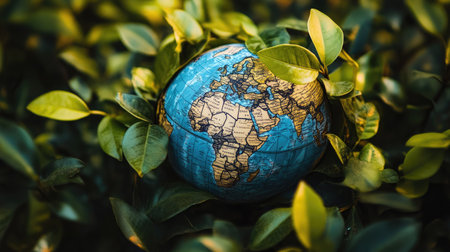 An eye-catching image of a detailed globe with map patterns, enveloped in fresh leaves, symbolizing the importance of investing in the Earth for a greener tomorrow.の素材