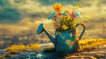 An artistic representation of a watering can with colorful flowers sprouting from a green Earth, symbolizing the beauty of nurturing our planet's ecosystemsの素材