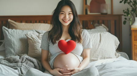 An inviting shot capturing a beautiful Asian pregnant woman seated on her bed, joyfully holding a red heart icon, radiating happiness andの素材