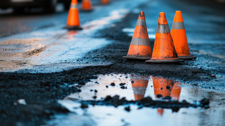 An informative shot of road repair tools and traffic cones on an asphalt pavement, illustrating the process of fixing potholes and enhancing road safety for drivers.の素材