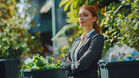 An inspiring image of a businesswoman in professional attire, showcasing a garbage recycle bin filled with plastic-free packaging, highlighting eco-friendly practices in a lush outdoor settingの素材