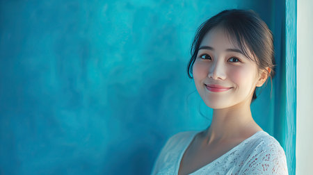An intimate shot of a pregnant Asian woman smiling softly, isolated on a vibrant blue background, perfect for health and wellness campaigns focused on pregnancy.の素材