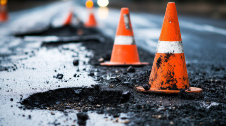 An informative shot of road repair tools and traffic cones on an asphalt pavement, illustrating the process of fixing potholes and enhancing road safety for drivers.の素材