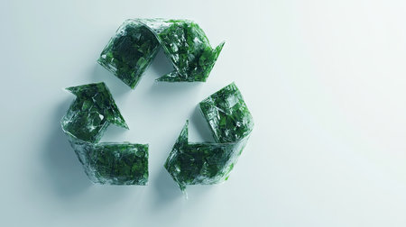 Artistic interpretation of a green recycle symbol placed on a clean white surface, emphasizing environmental responsibility, with generous copy space for messagingの素材