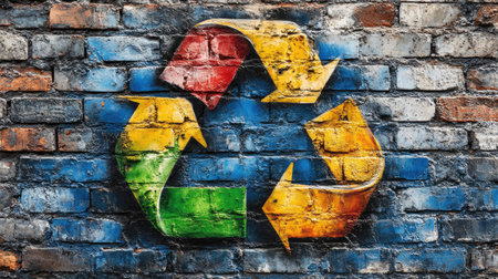 Close-up of a colorful recycle symbol on a brick wall, emphasizing urban art's role in promoting recycling and environmental consciousness. Ample room for messaging.の素材